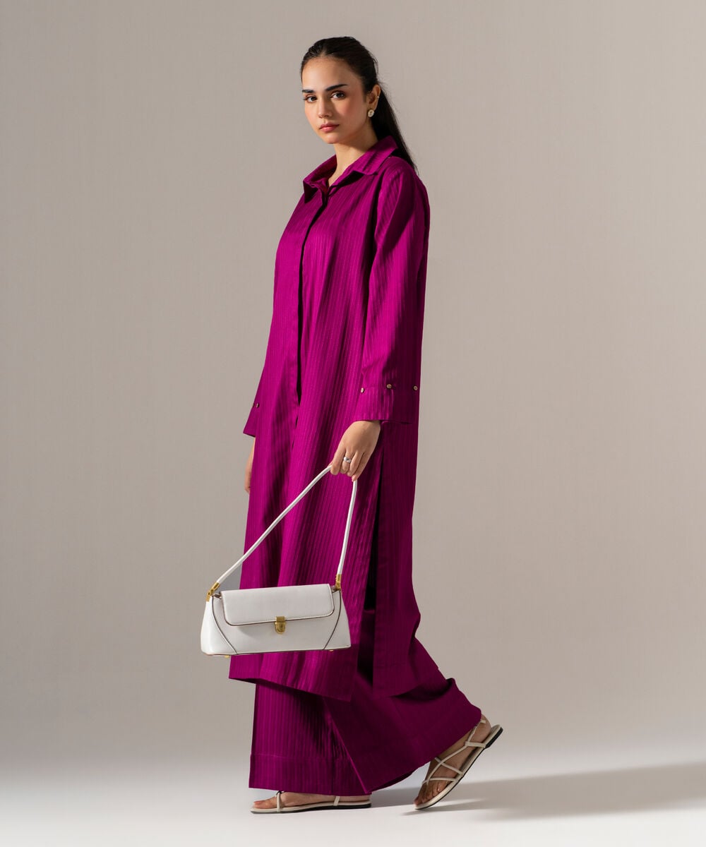 Women's RTW Dobby Strip Solid Purple 2 Piece Suit