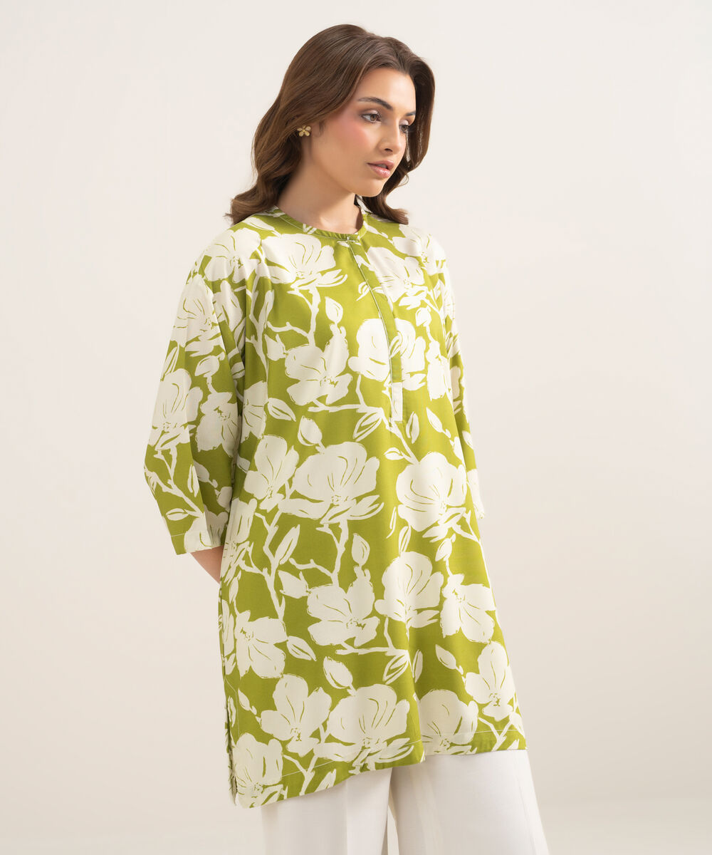 Women's RTW Arabic Cambric Printed Green Drop Shoulder Shirt