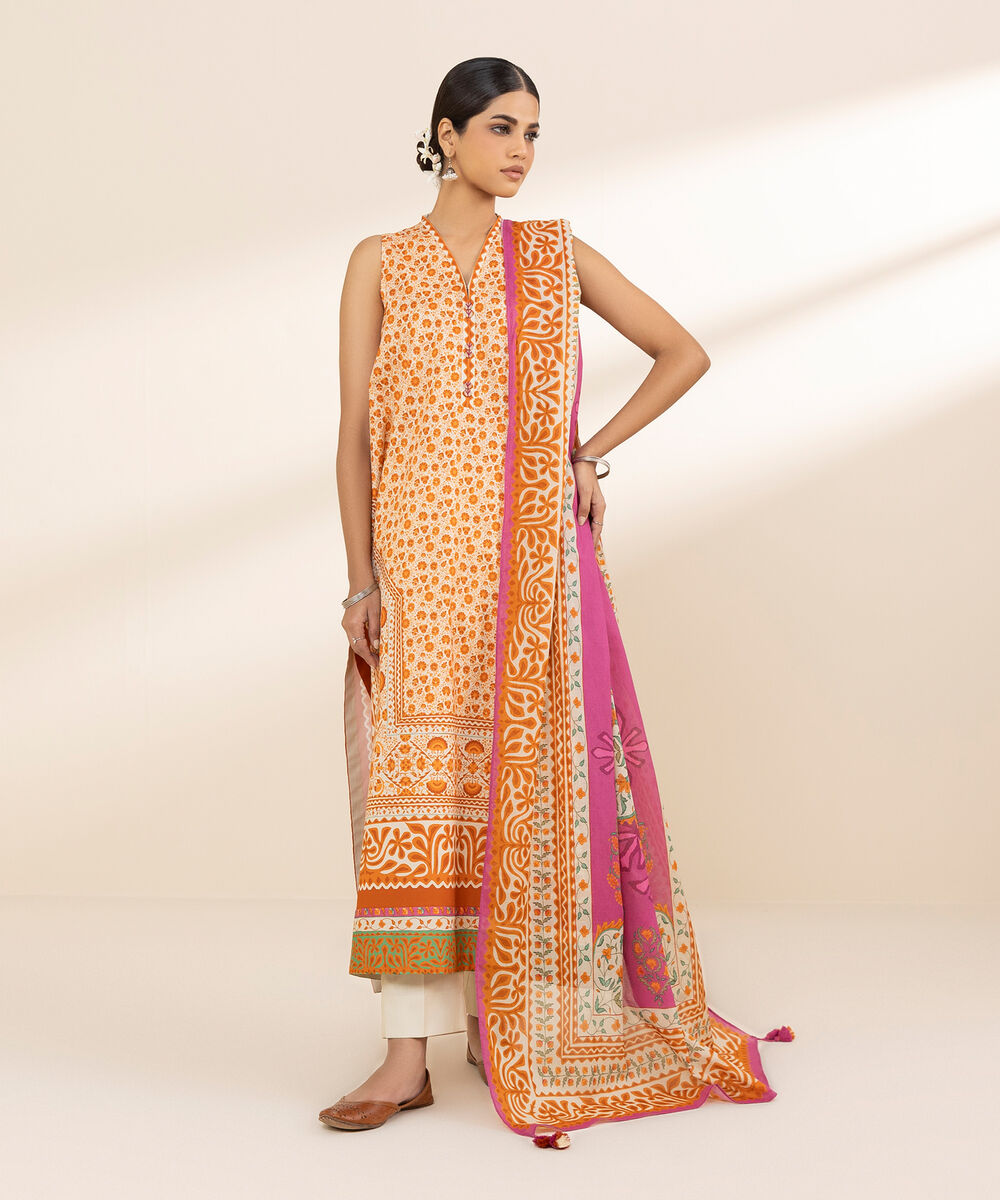 Women's Unstitched Lawn Printed Orange 3 Piece Suit