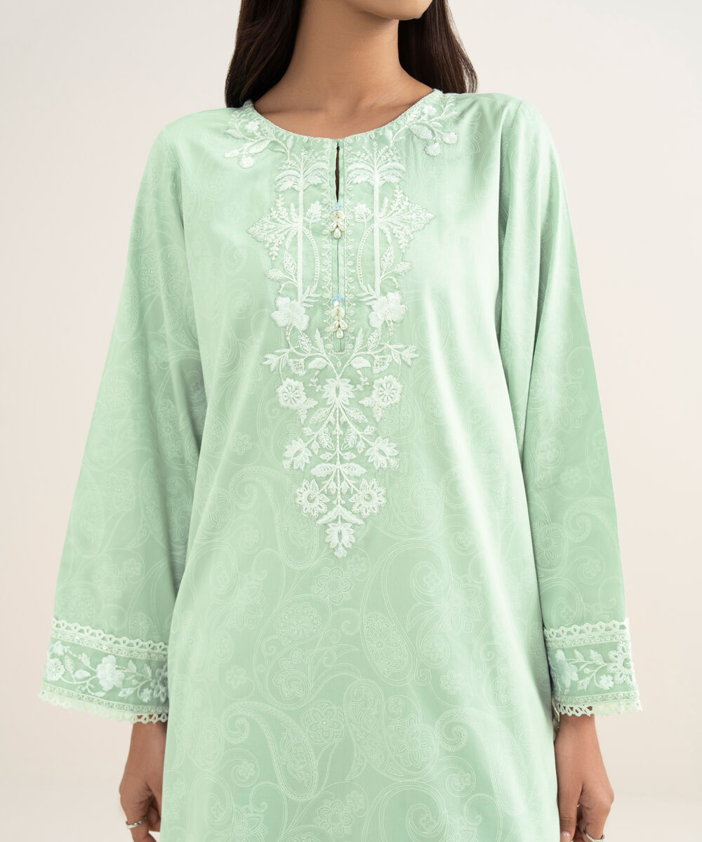 Women's RTW Lawn Embroidered Green A-Line Shirt