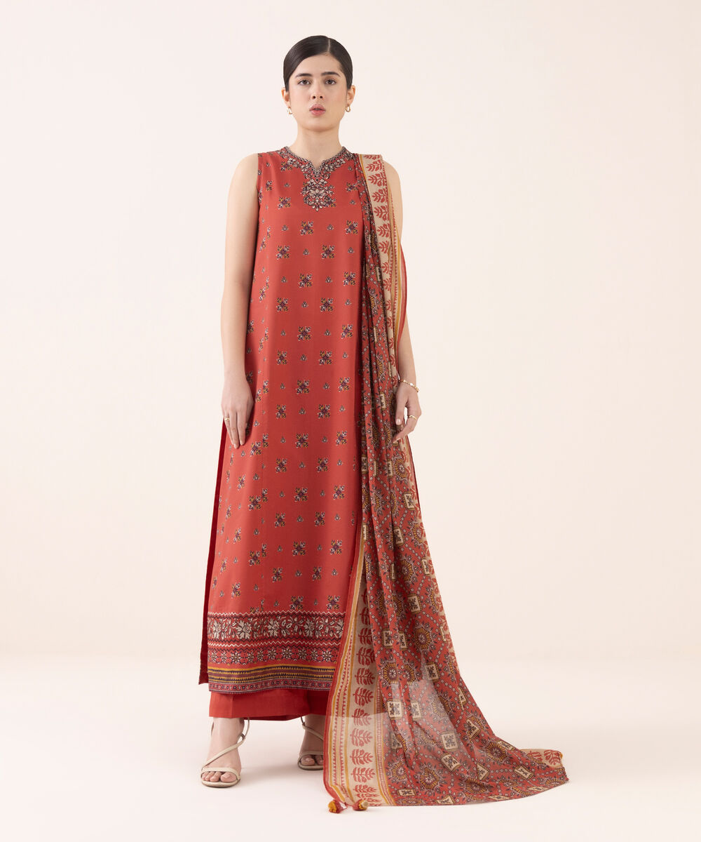 Women's Unstitched Lawn Embroidered Red Three Piece Suit