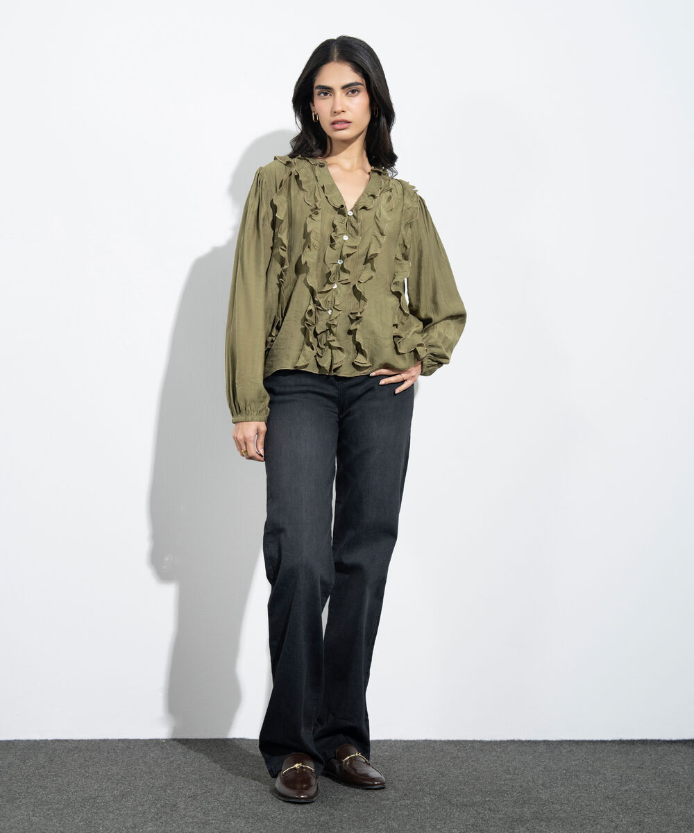 Women's Western Mustard Textured Ruffled Top