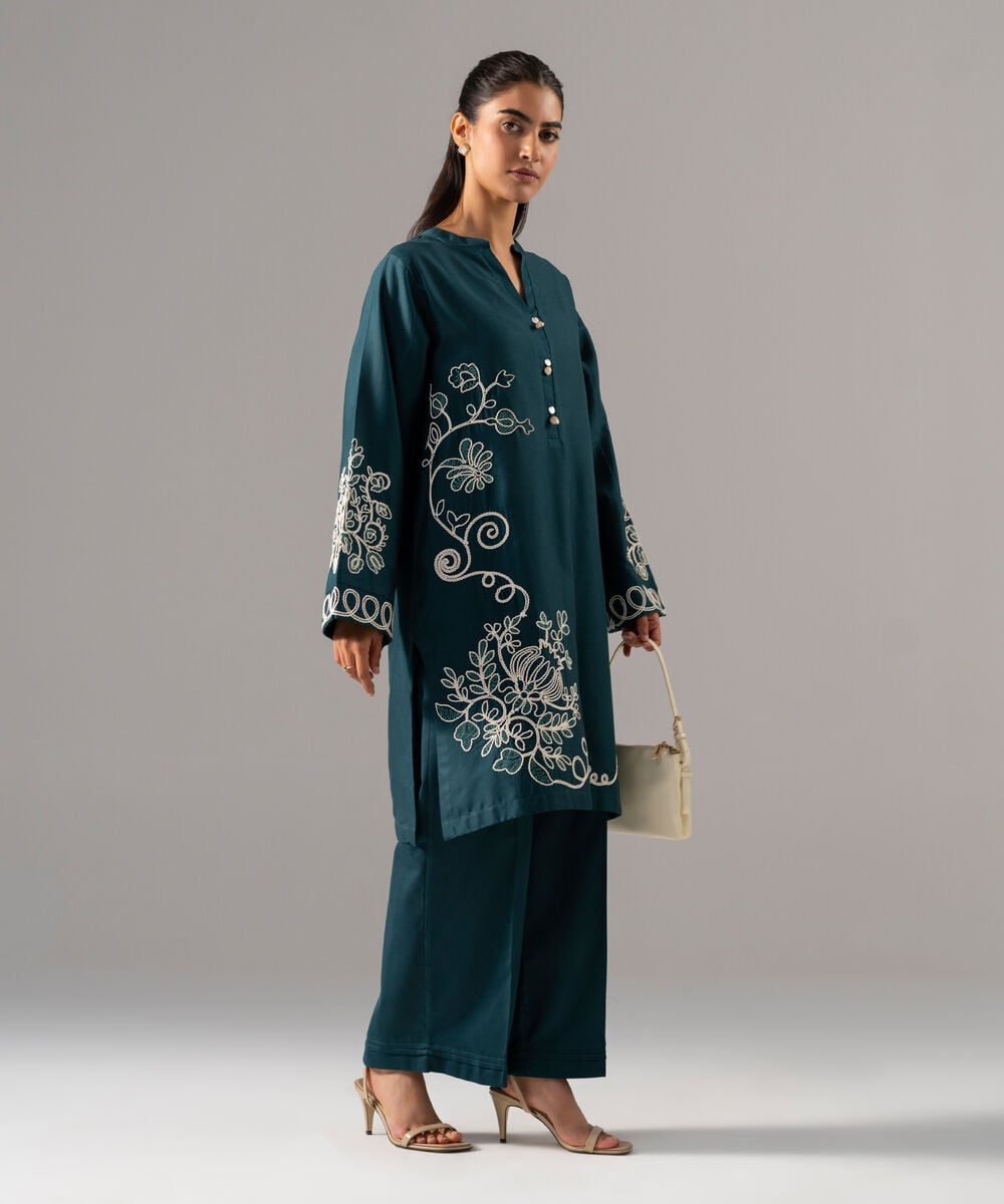 Women's RTW Cotton Linen Embroidered Green 2 Piece Suit