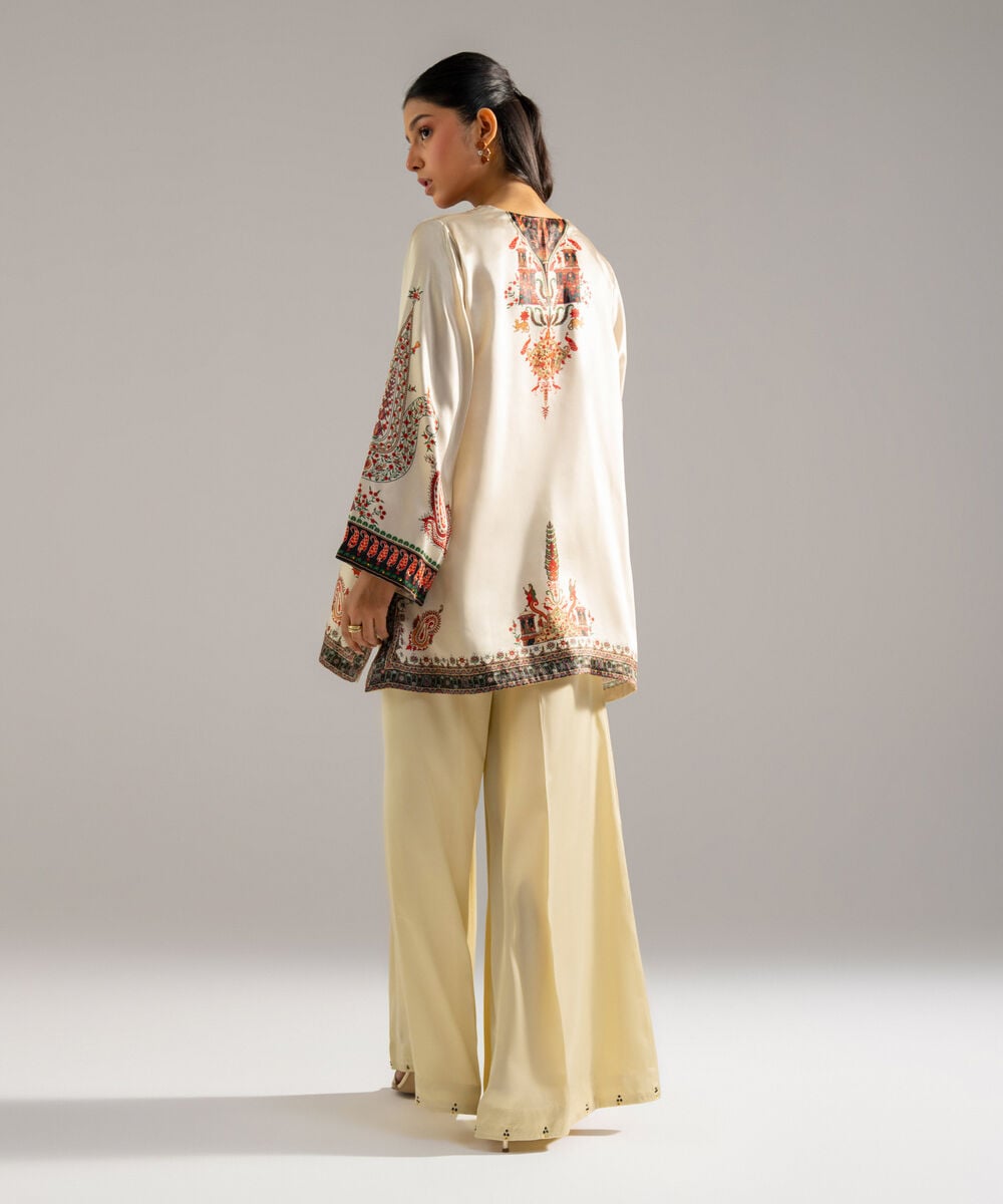Women's RTW Blended Satin Printed Off White 2 Piece Suit
