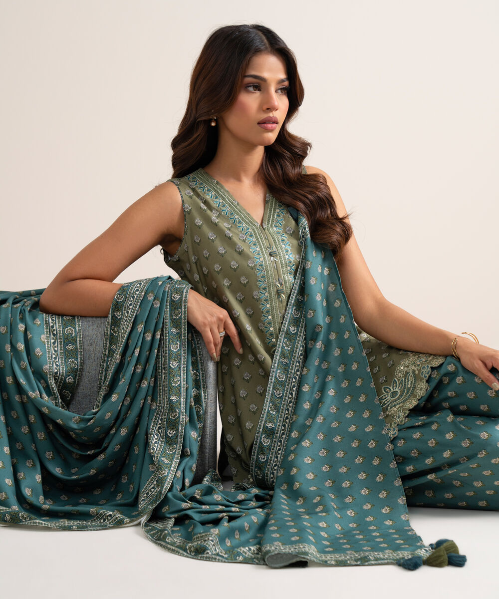 Women's Unstitched Printed Linen Beige 3 Piece Suit