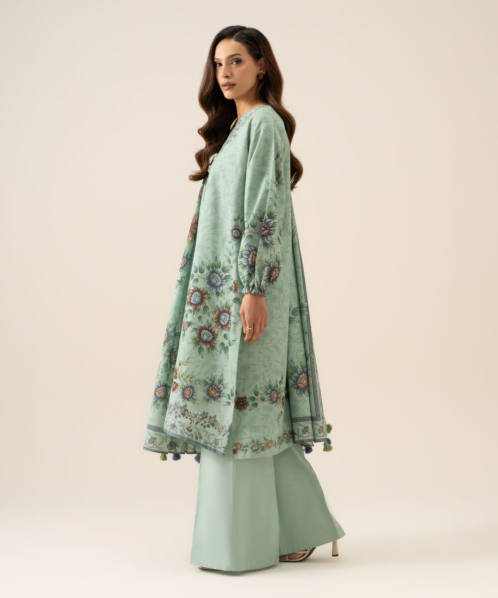 Women's Unstitched Light Khaddar Embroidered Light Mint Green 3 Piece Suit