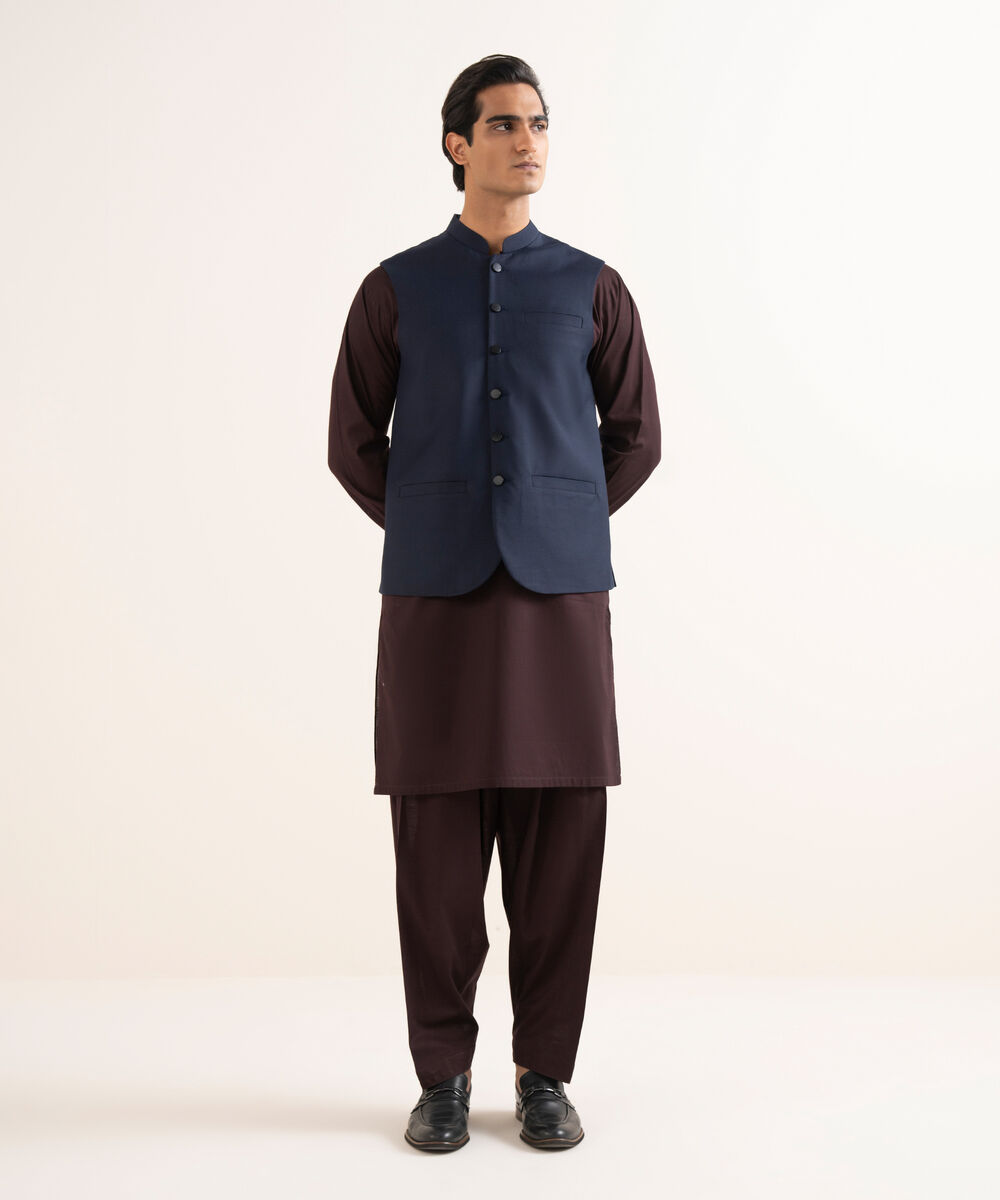 Men's Stitched Textured Wash & Wear Blue Waistcoat