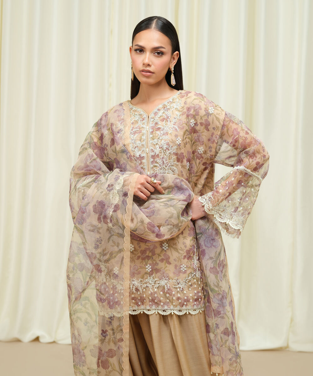 Women's Unstitched Blended Organza Embroidered Beige 3 Piece Suit