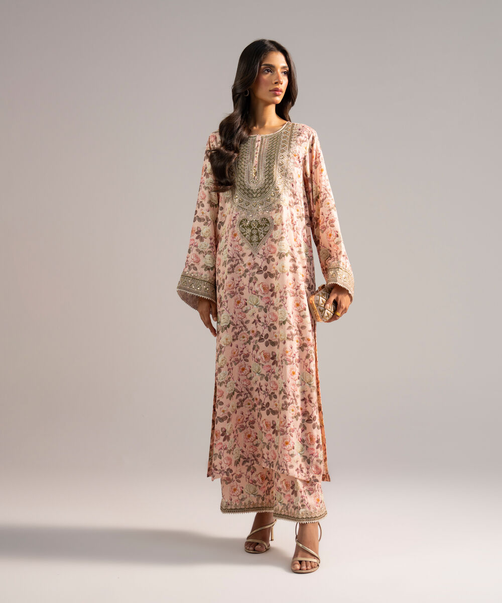 Women's RTW Viscose Raw Silk Embroidered Pink 2 Piece Suit