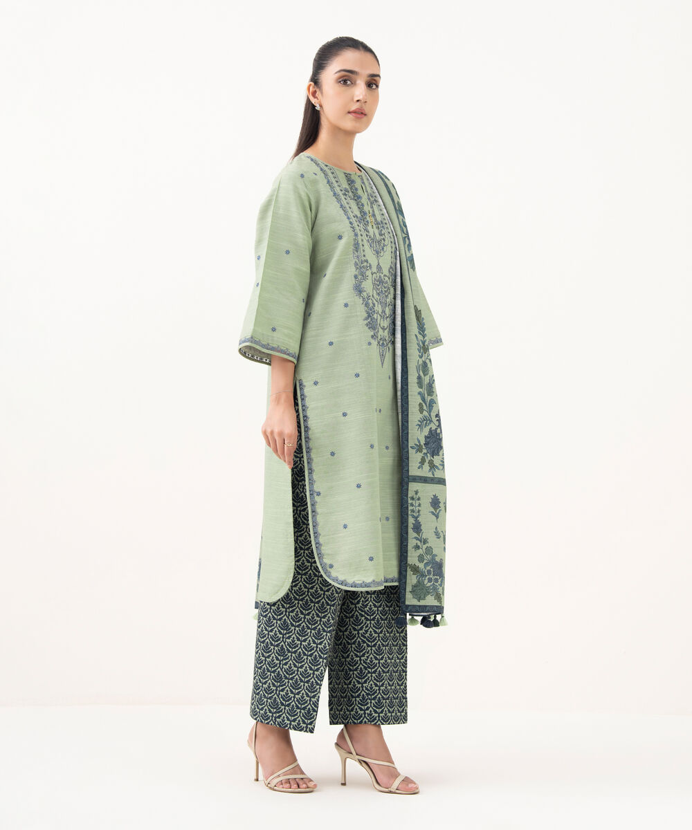 Women's Unstitched Khaddar Embroidered Green 3 Piece Suit
