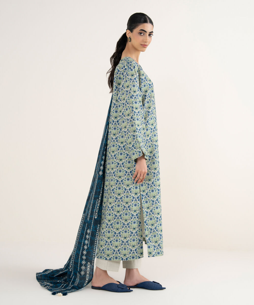 Women's Unstitched Printed Khaddar Off White & Blue 3 Piece Suit