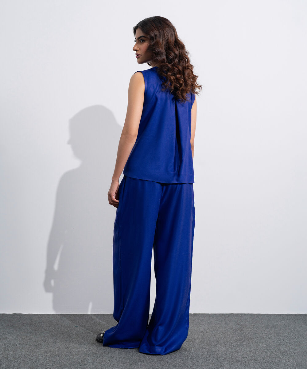 Women's Western Blue Linen Blend Stright-Fit Trousers