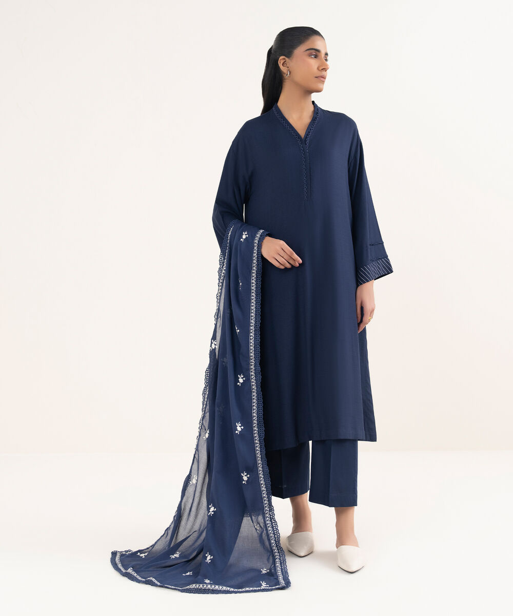 Fine Voile Embroidered Blue Dupatta