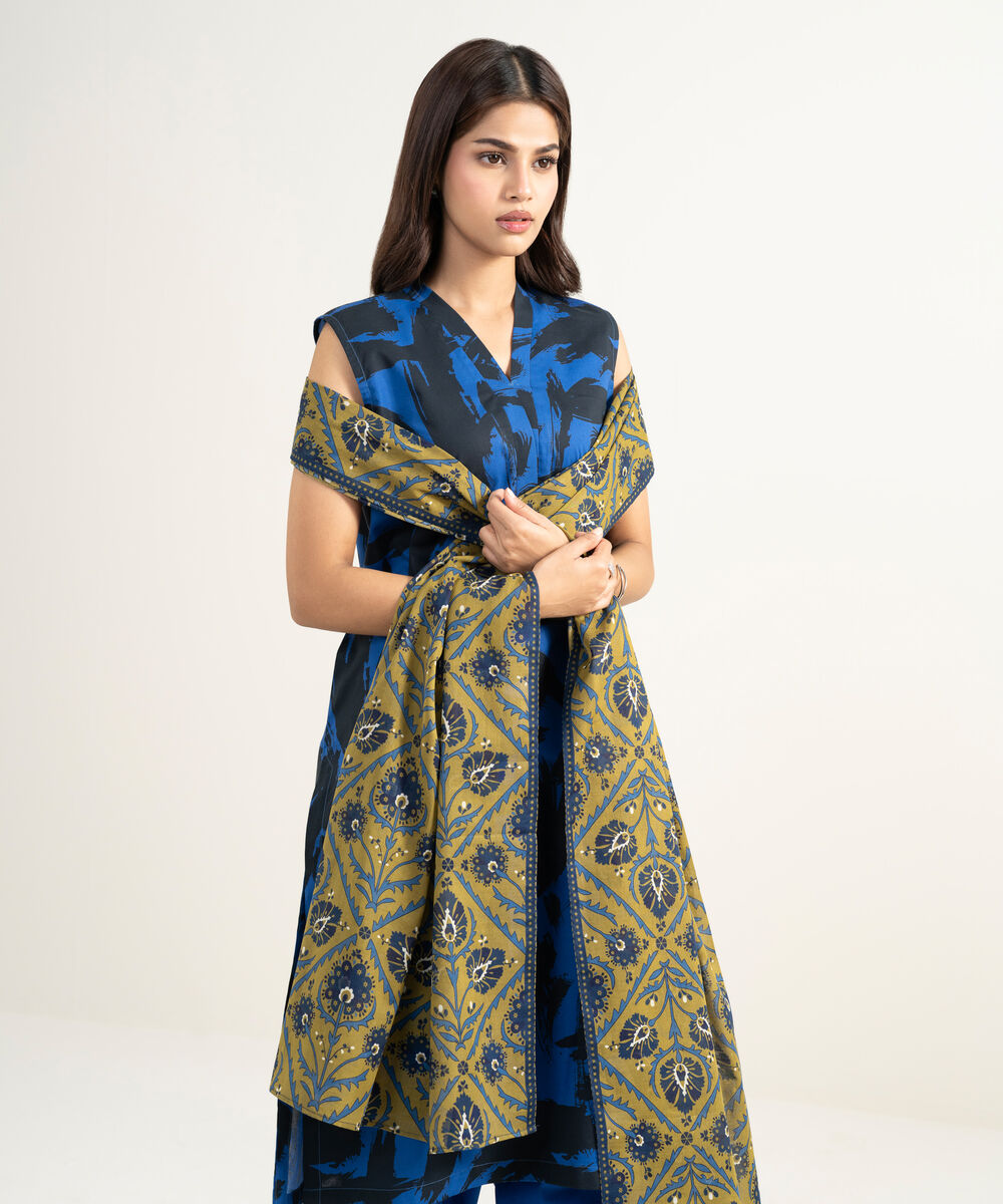 Women's RTW Cambric Printed Blue 3 Piece Suit