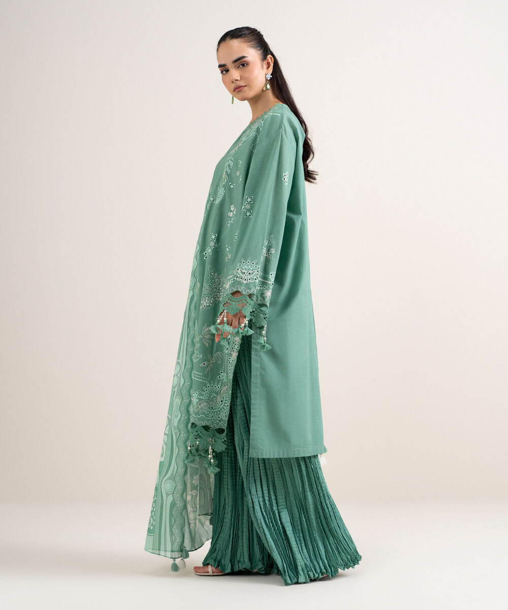 Women's Unstitched Textured Lawn Embroidered Green 3 Piece Suit