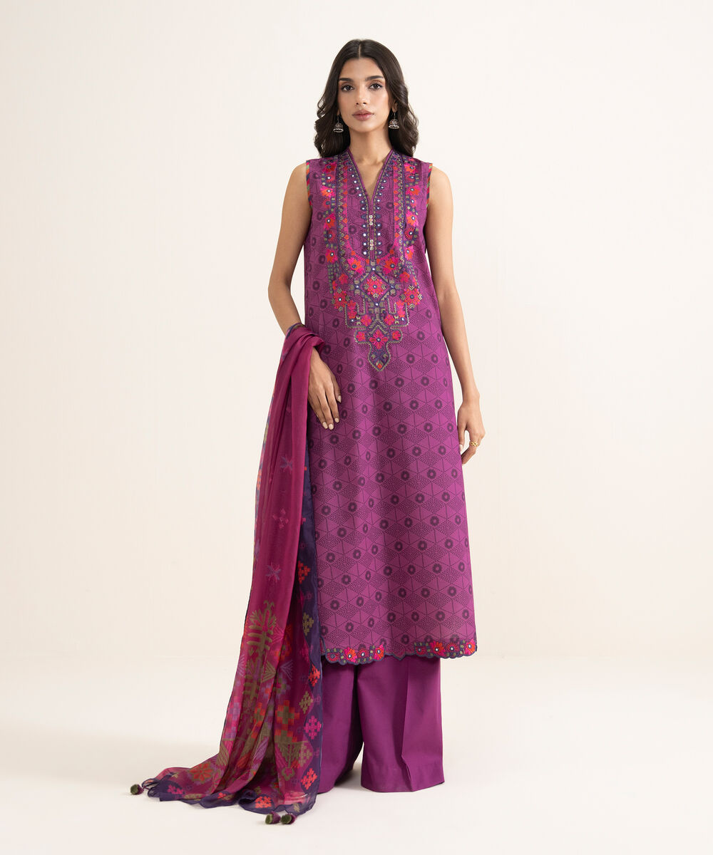 Women's Unstitched Lawn Embroidered Purple 3 Piece Suit