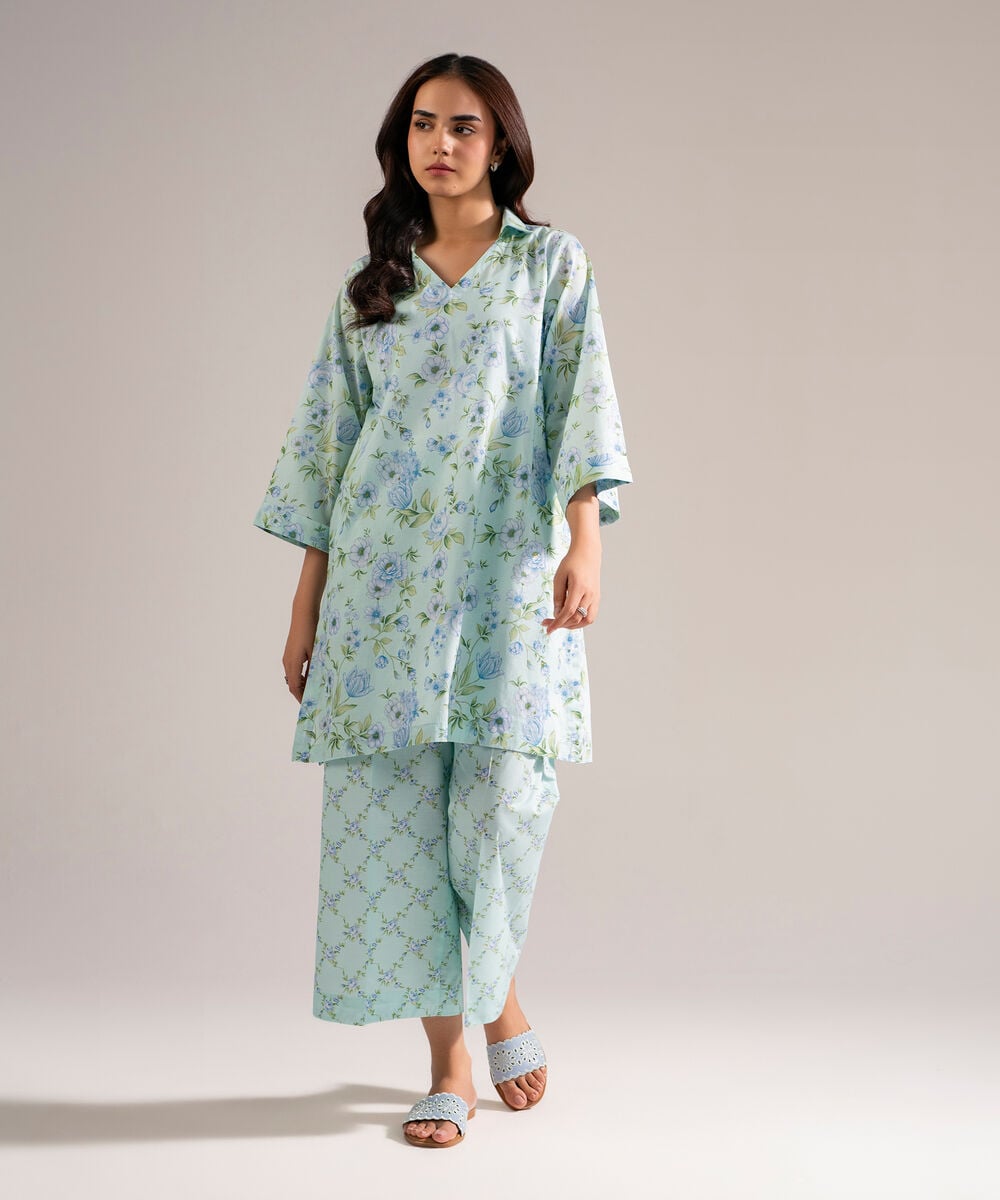 Women's RTW Lawn Printed Blue Straight Shirt