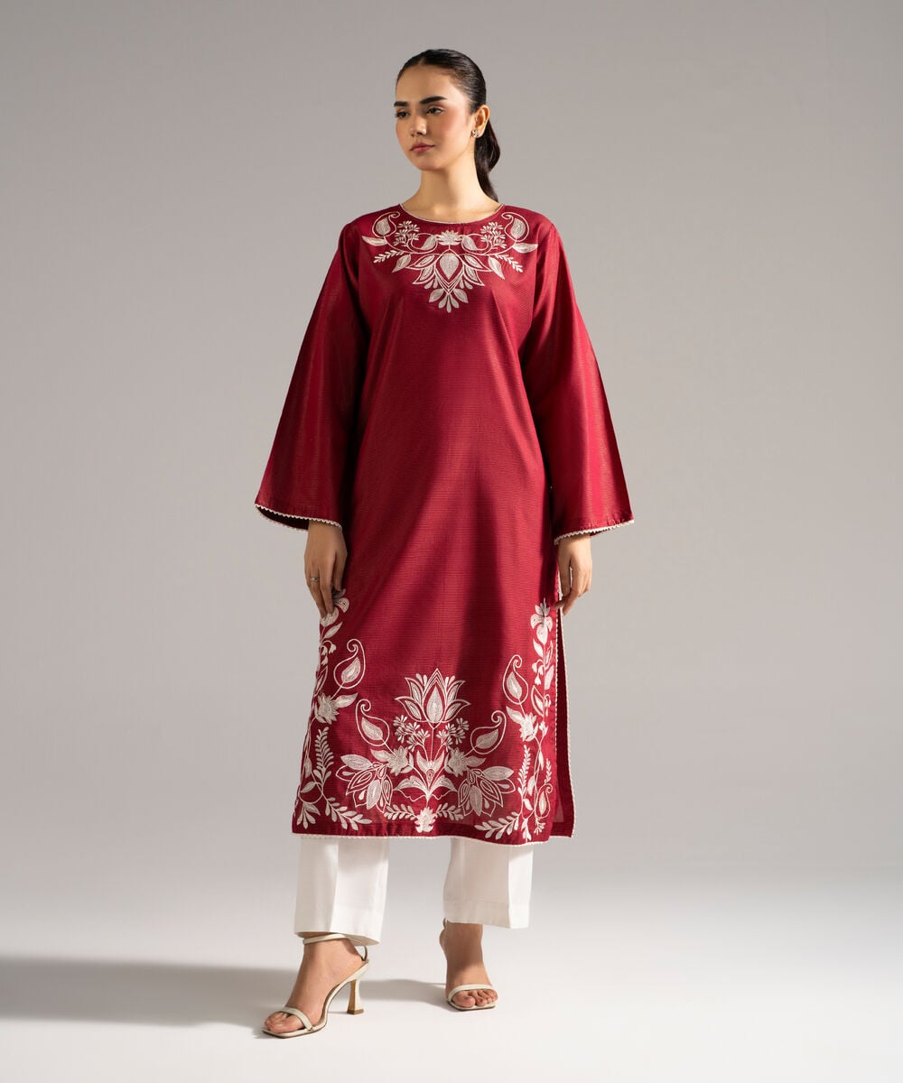 Women's RTW Zari Lawn Embroidered Red Straight Shirt
