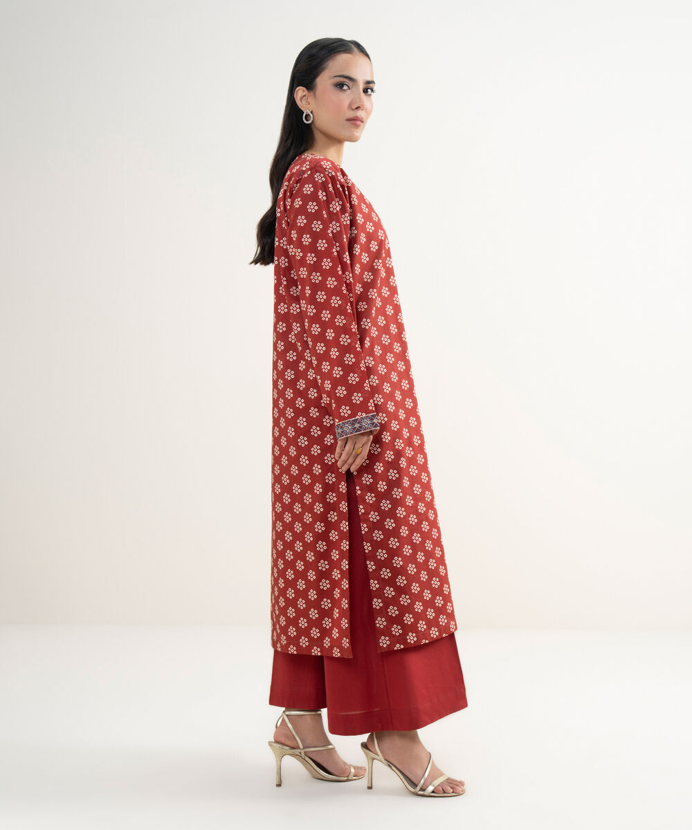 Women's RTW Slub Lawn Embroidered Maroon Straight Shirt