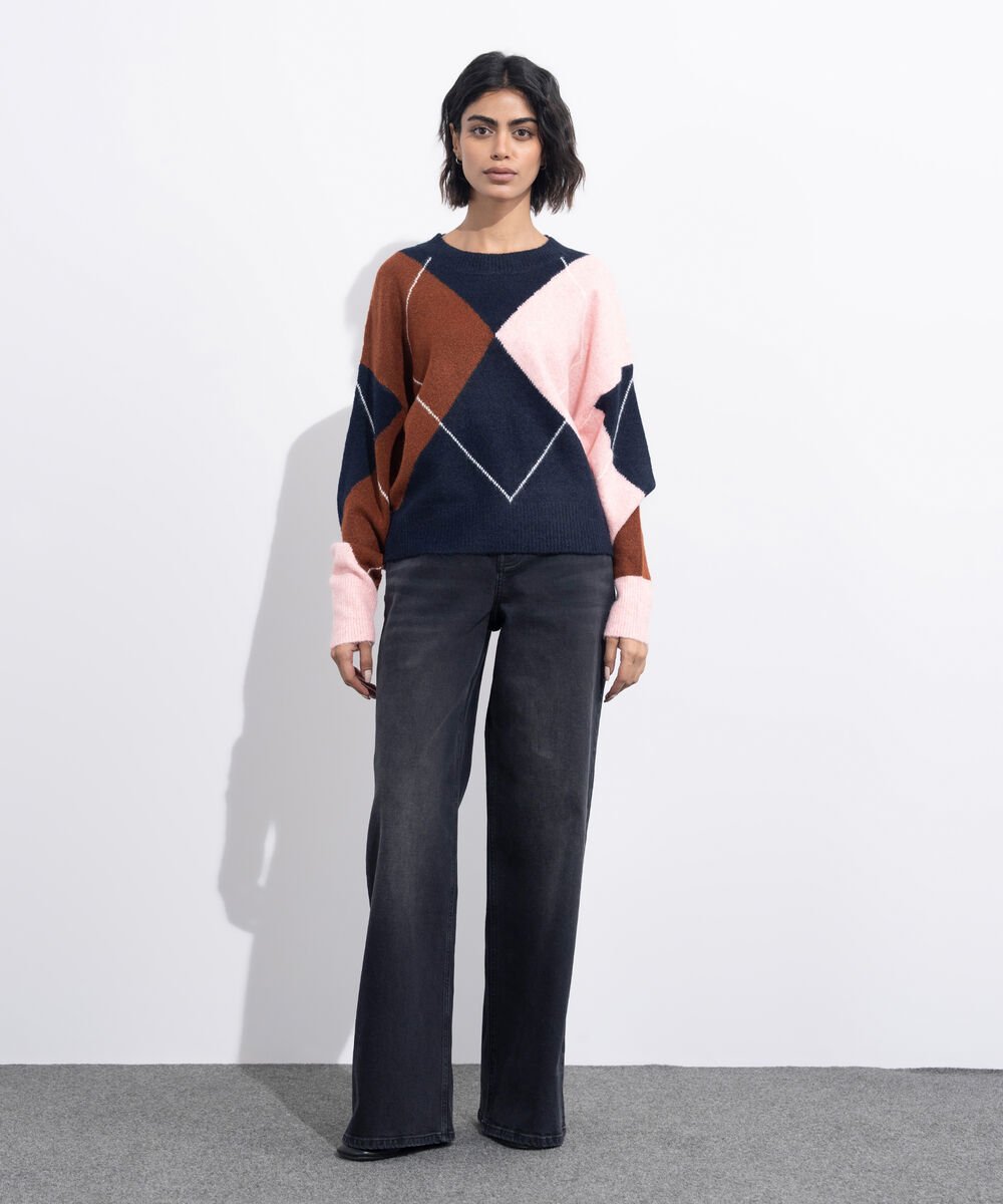 Women's Western Wear Multi Oversized Diamond Knit Sweater