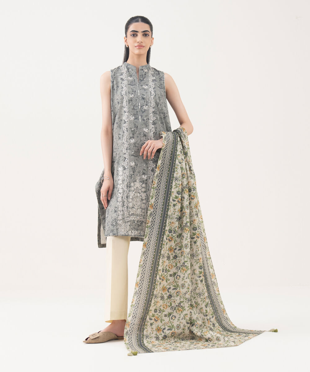 Women's Unstitched Cotton Embroidered Grey 2 Piece Suit