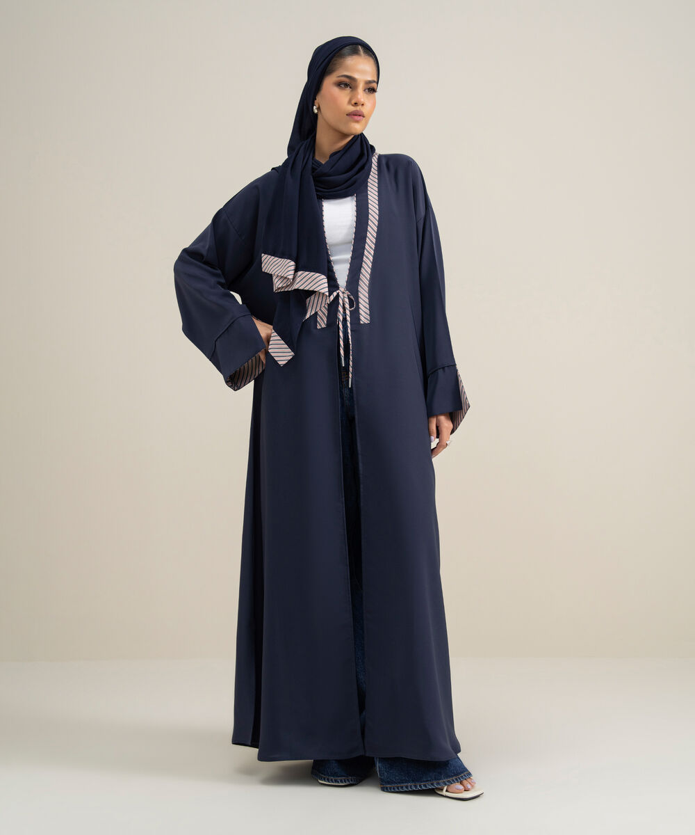 Women's Polyester Blue Front Open Regular Abbaya Set