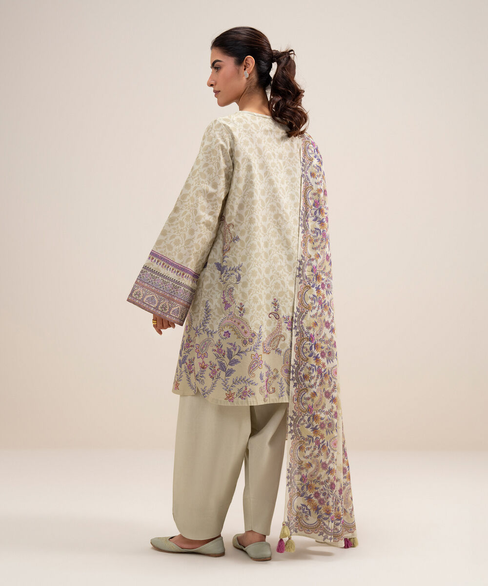 Women's Unstitched Lawn Embroidered Off White 3 Piece Suit