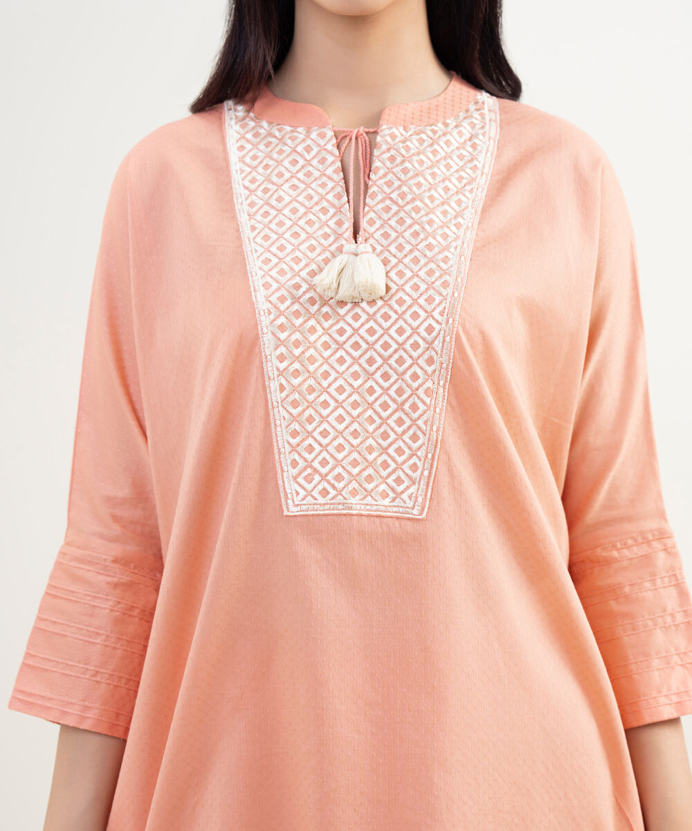 Women's RTW Dobby Embroidered Pink Drop Shoulder Shirt