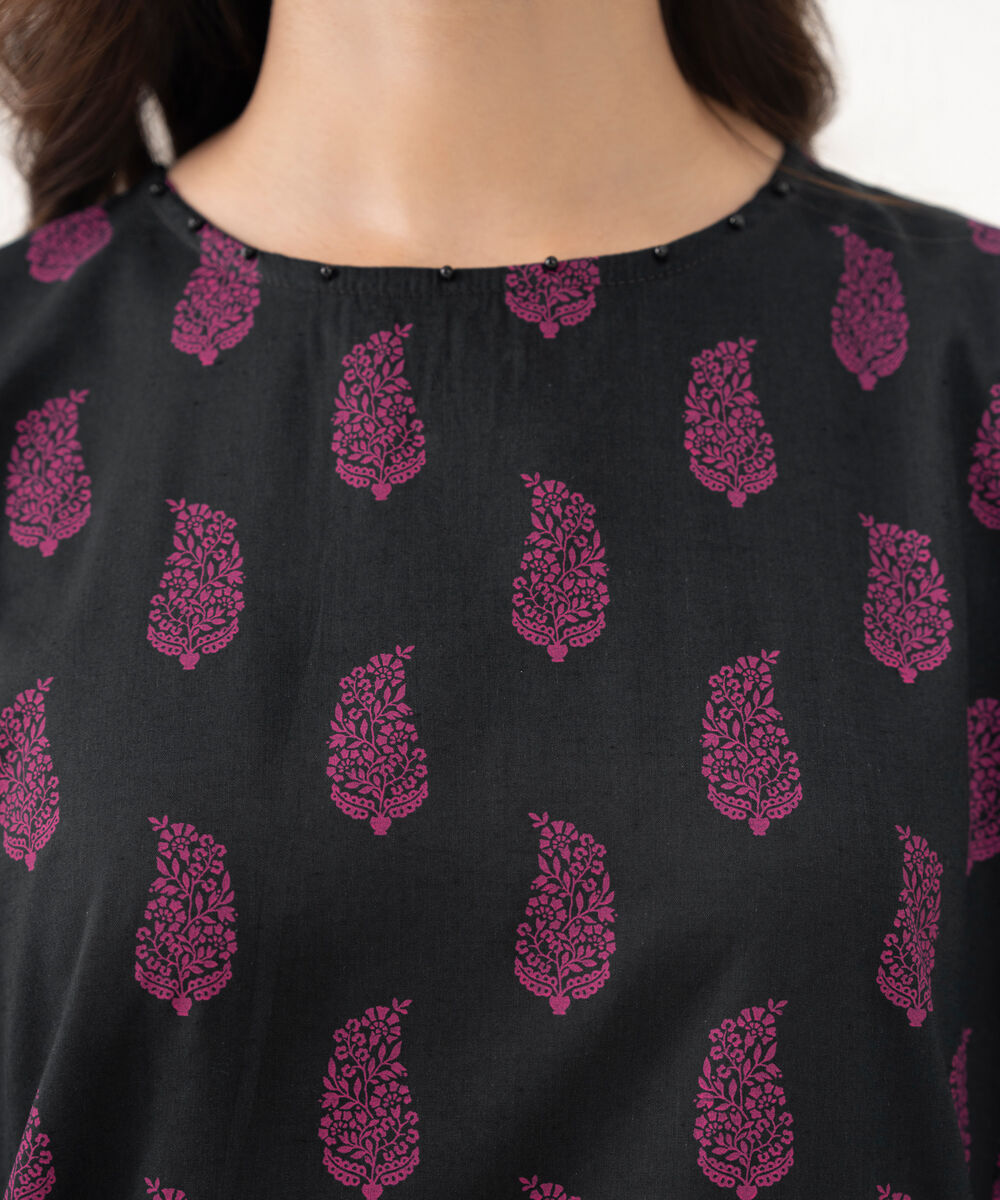 Women's RTW Cotton Viscose Printed A-Line Black Shirt