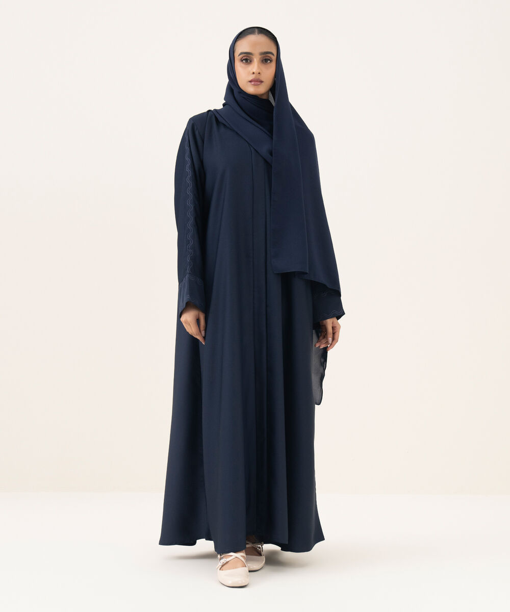 Women's navy blue button through Abaya with embroidery