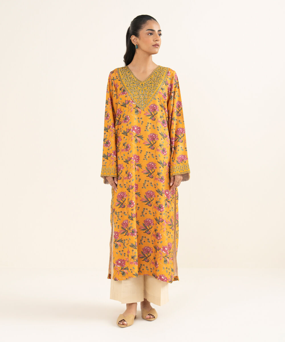 Women's RTW Light Khaddar Embroidered Orange A-Line Shirt