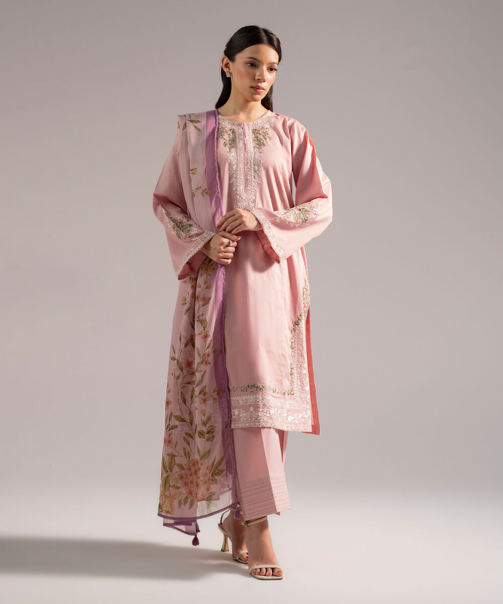 Women's RTW Dobby Embroidered Beige 3 Piece Suit