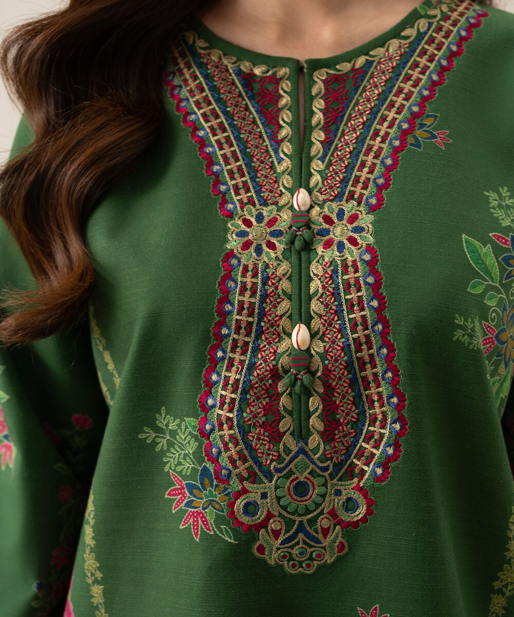 Women's Unstitched Light Khaddar Printed Green 3 Piece Suit