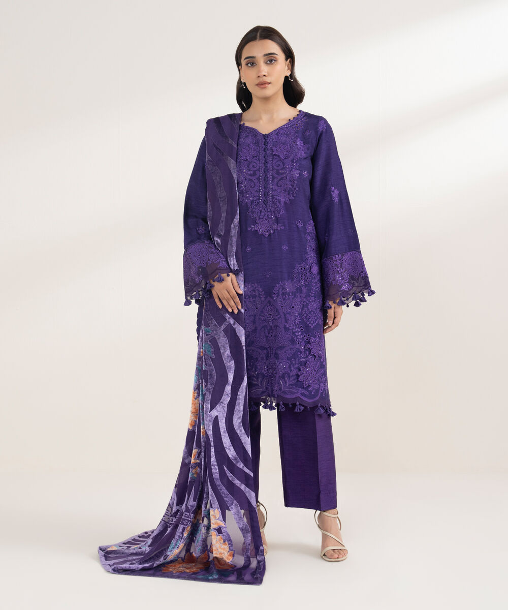 Women's Unstitched Viscose Raw Silk 3 Piece Suit