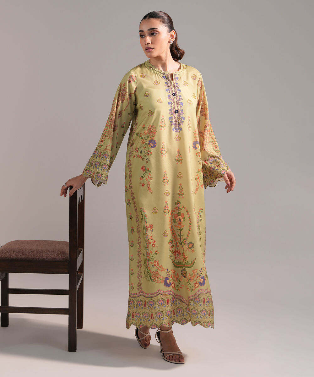 Women's RTW Blended Grip Silk Printed Green A-Line Shirt