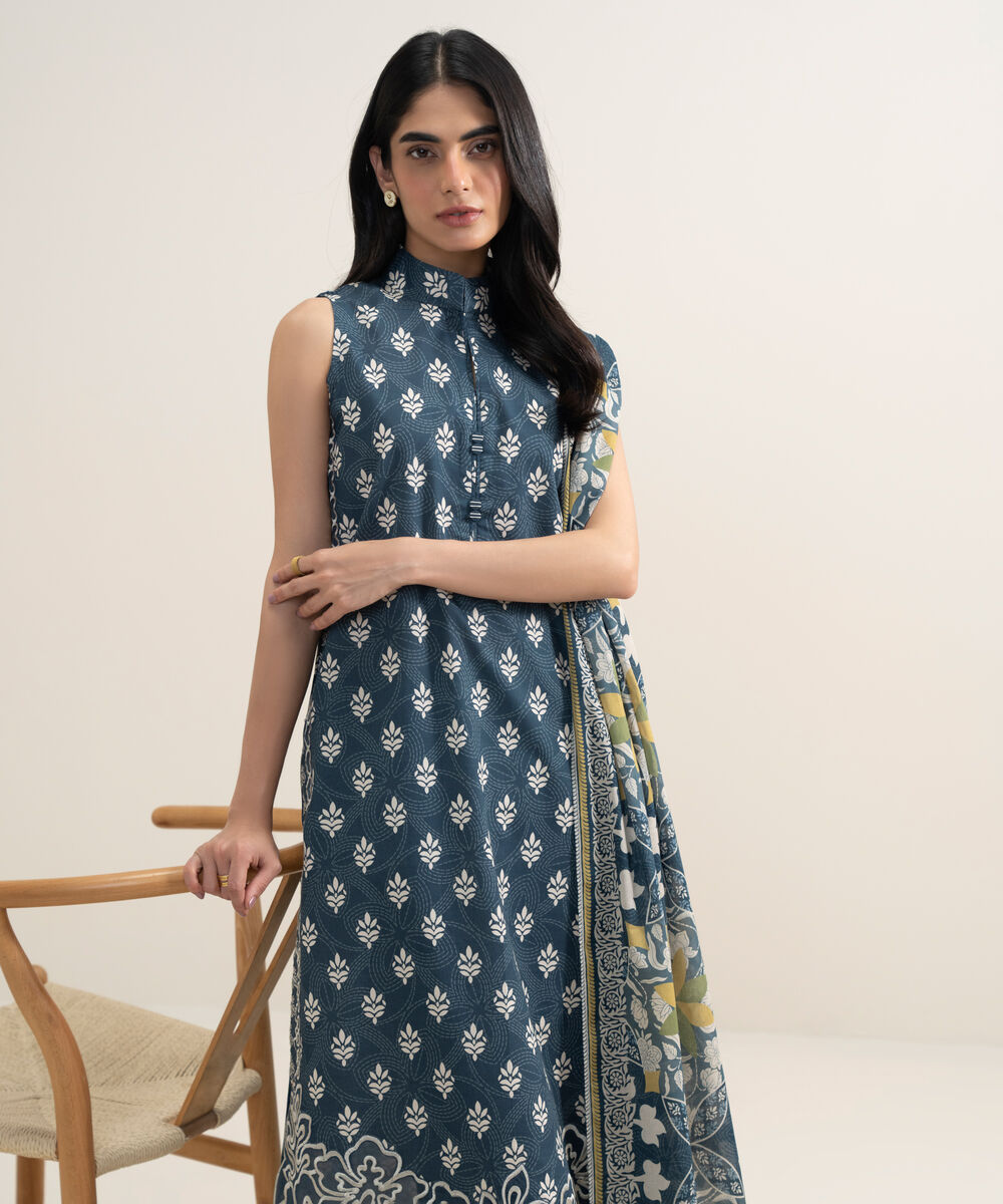 Women's Unstitched Lawn Embroidered Blue 3 Piece Suit