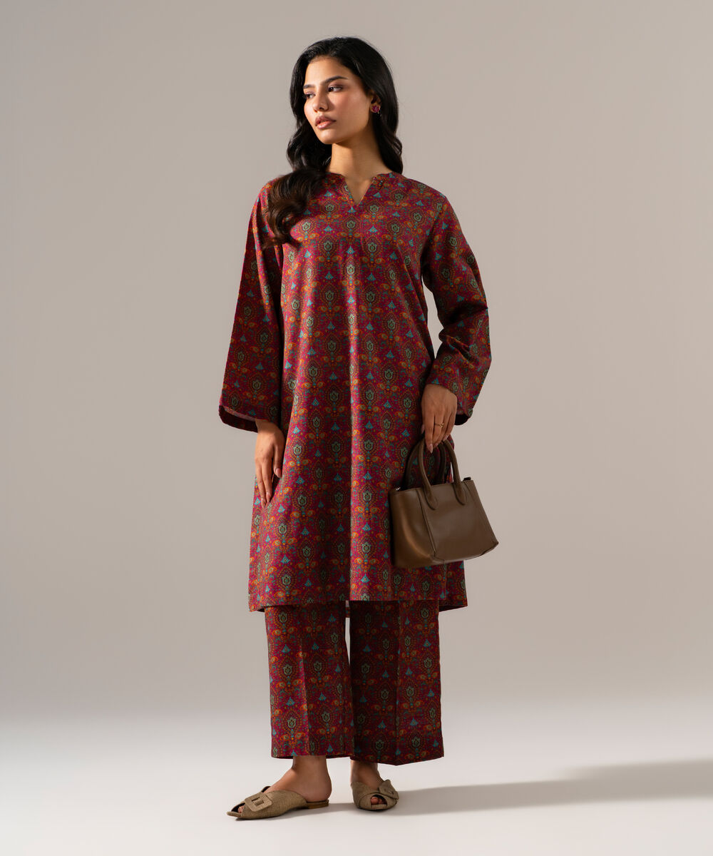 Women's RTW Khaddar Printed Maroon 2 Piece Suit