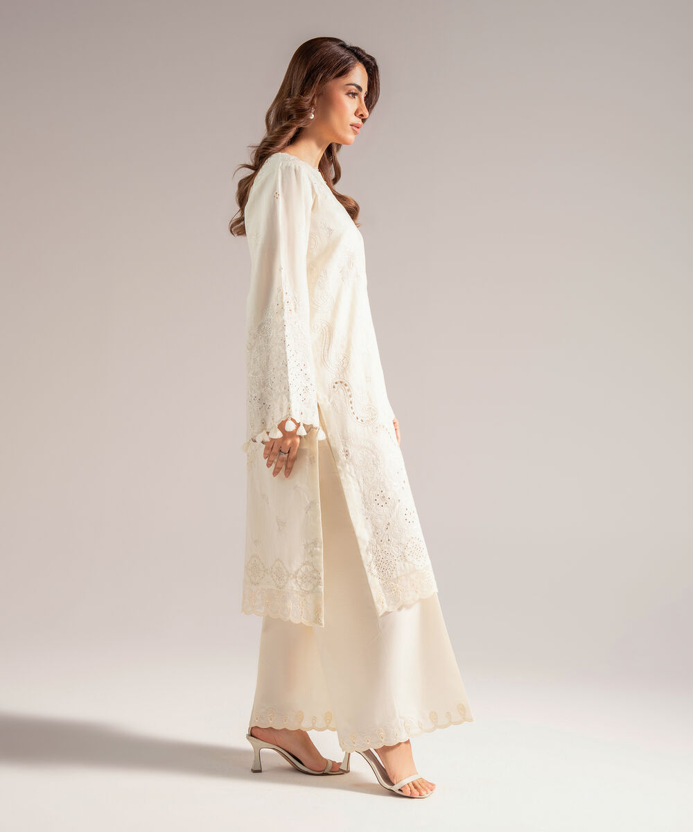 Women's RTW Textured Cotton Embroidered Off White 2 Piece Suit