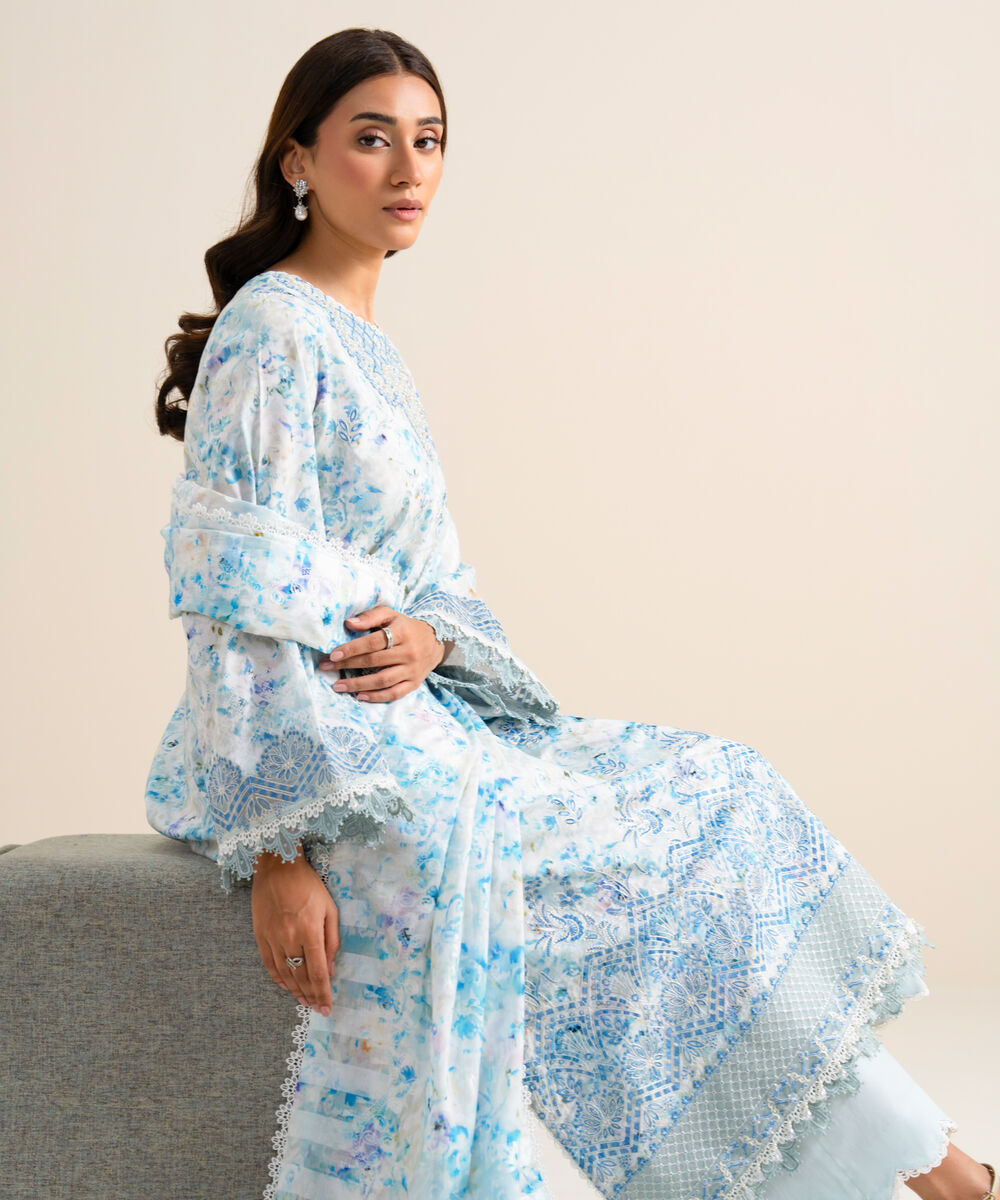 Women's Unstitched Embroidered Lawn White 3 Piece Suit