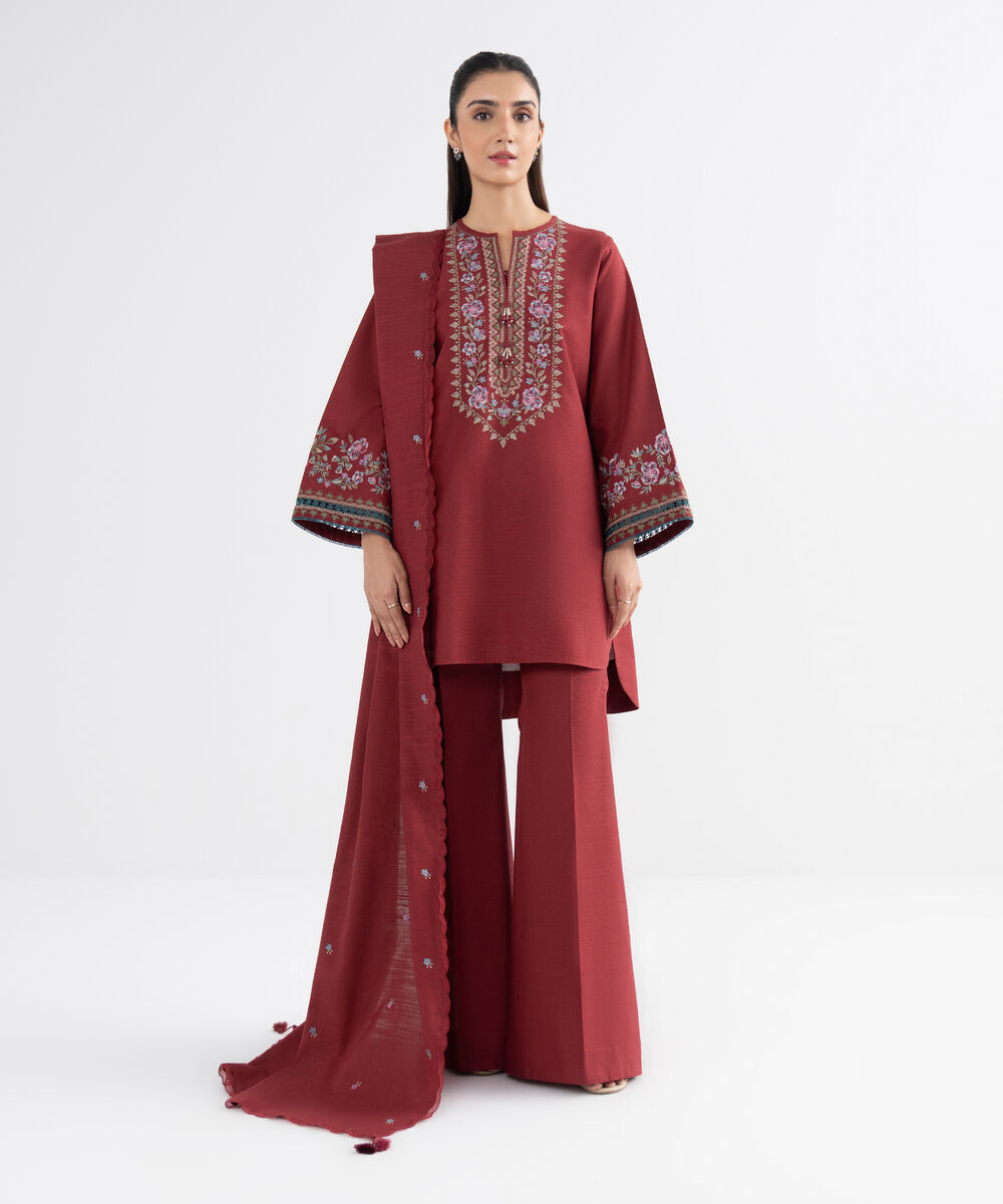 Women's Unstitched Khaddar Embroidered Red 3 Piece Suit