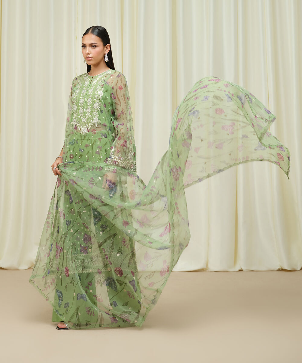 Women's Unstitched Blended Organza Embroidered Green 3 Piece Suit