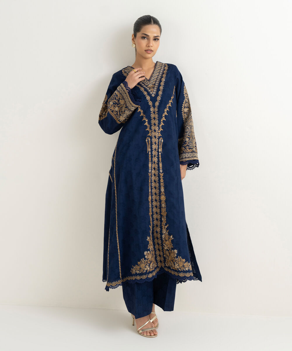 Women's RTW Cotton Jacquard Blue Embroidered A-Line Shirt