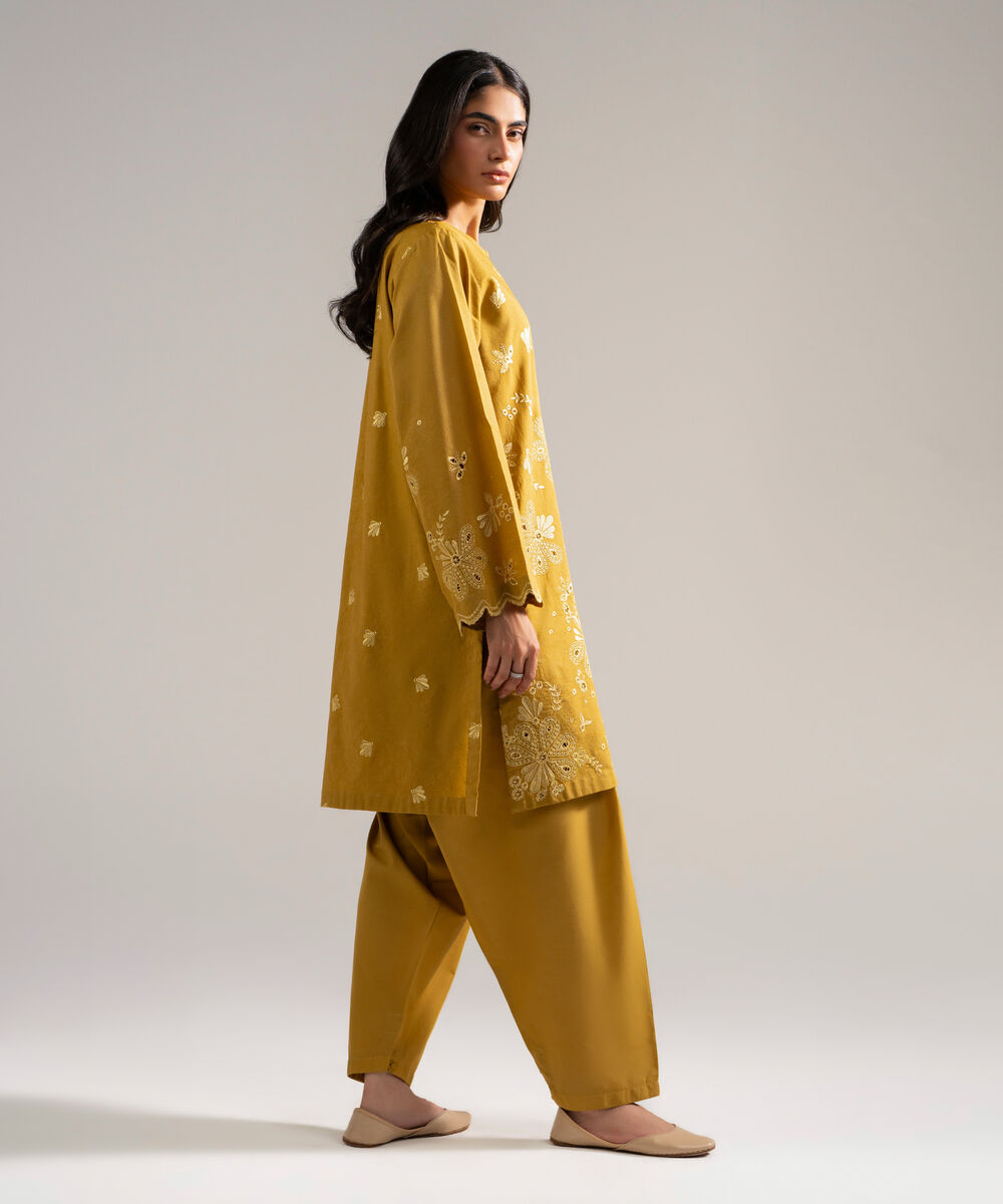 Women's RTW Self Jacquard Embroidered Yellow 2 Piece Suit