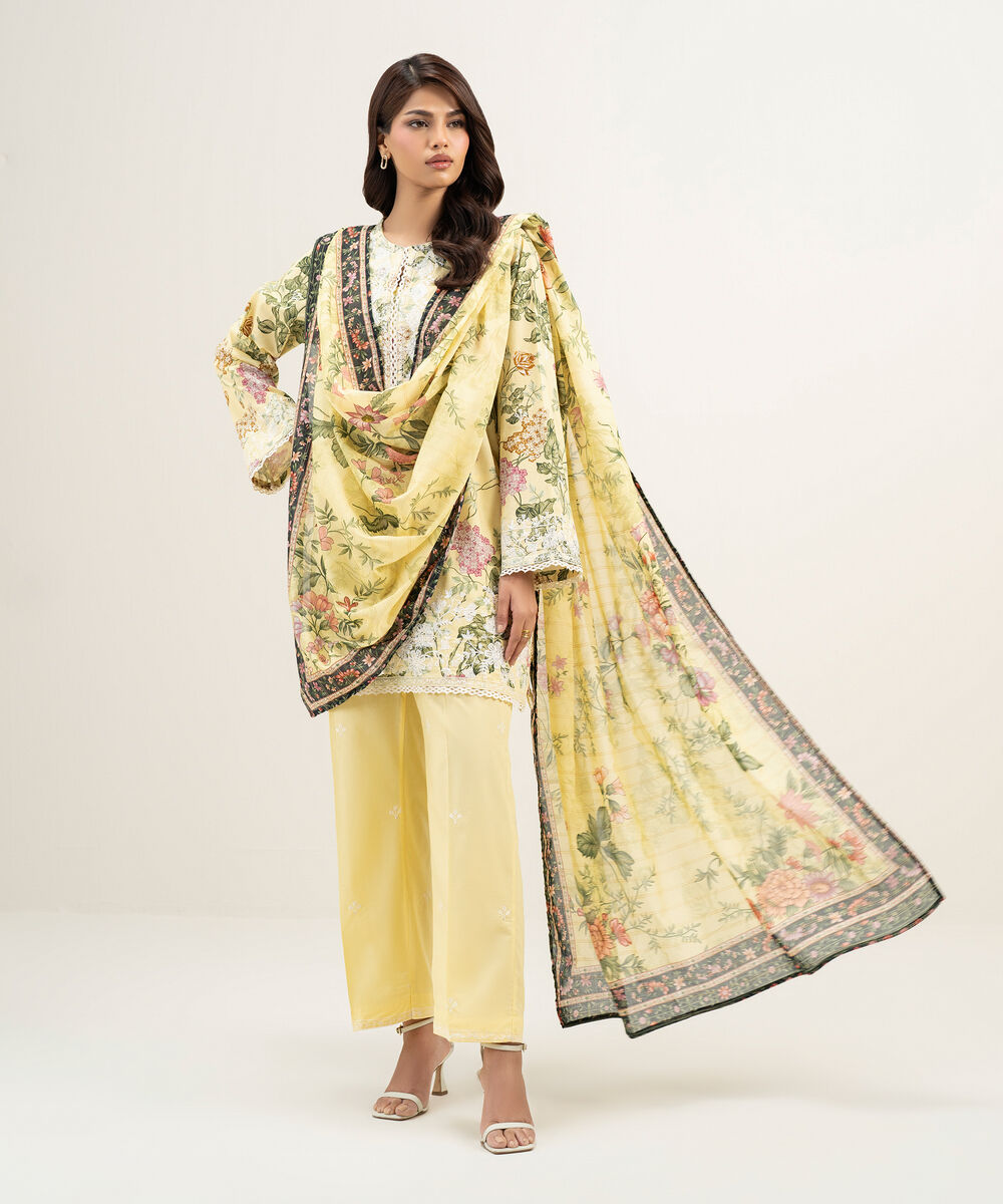 Women's RTW Lawn Embroidered Yellow 3 Piece Suit