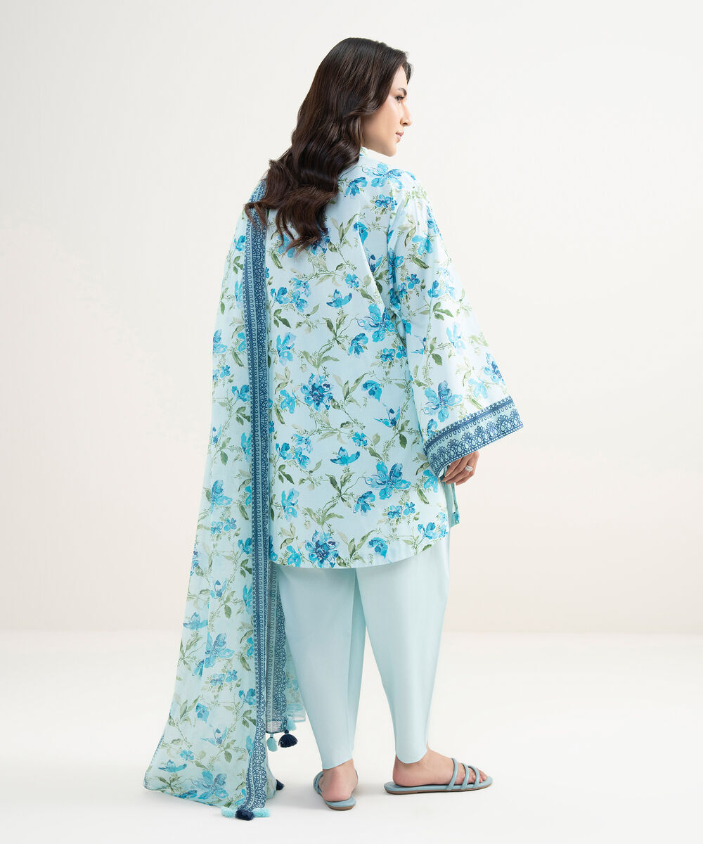 Women's Unstitched Lawn Printed Blue 3 Piece Suit
