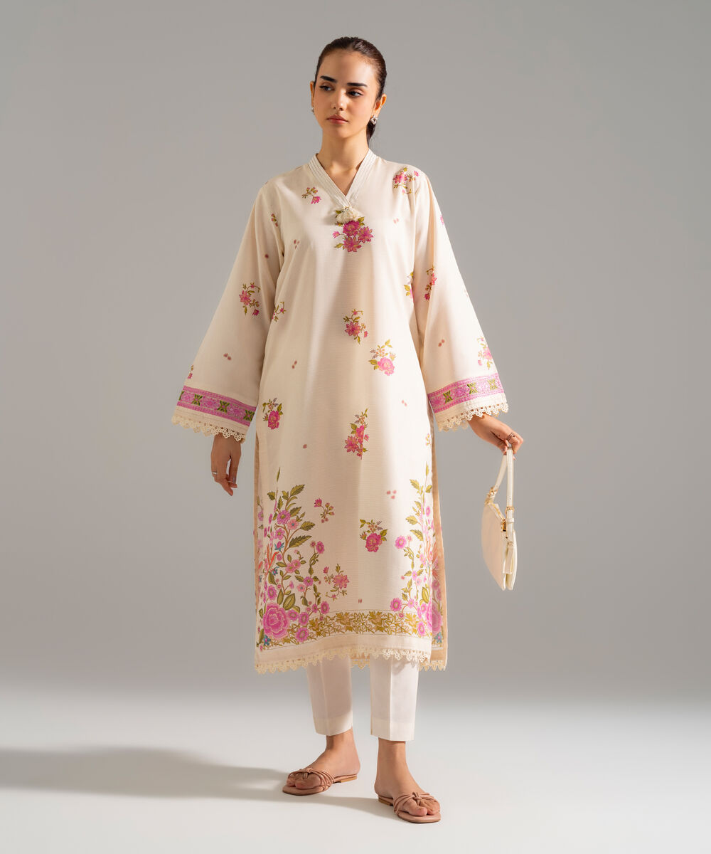 Women's RTW Zari Lawn Embroidered Off White A-Line Shirt