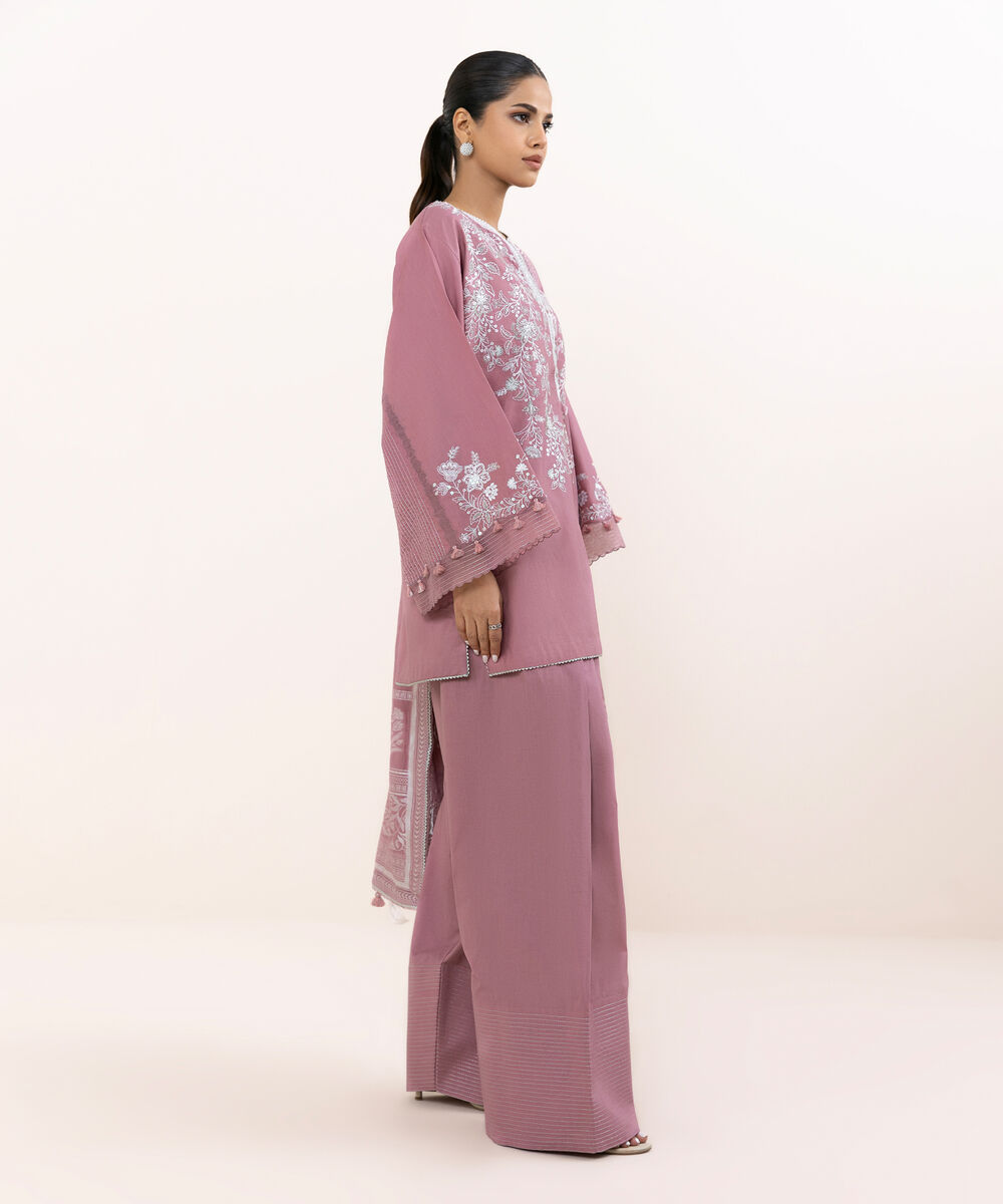 Women's Unstitched Light Cotton Satin Dyed Three Piece Suit