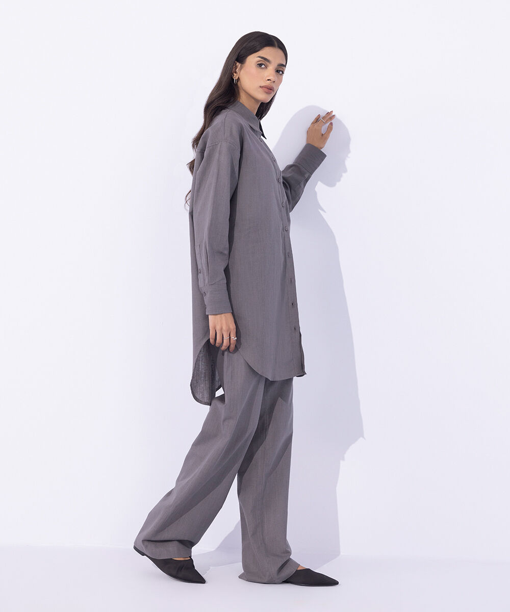 Women's Western Wear Grey Linen Blend Button Through Shirt