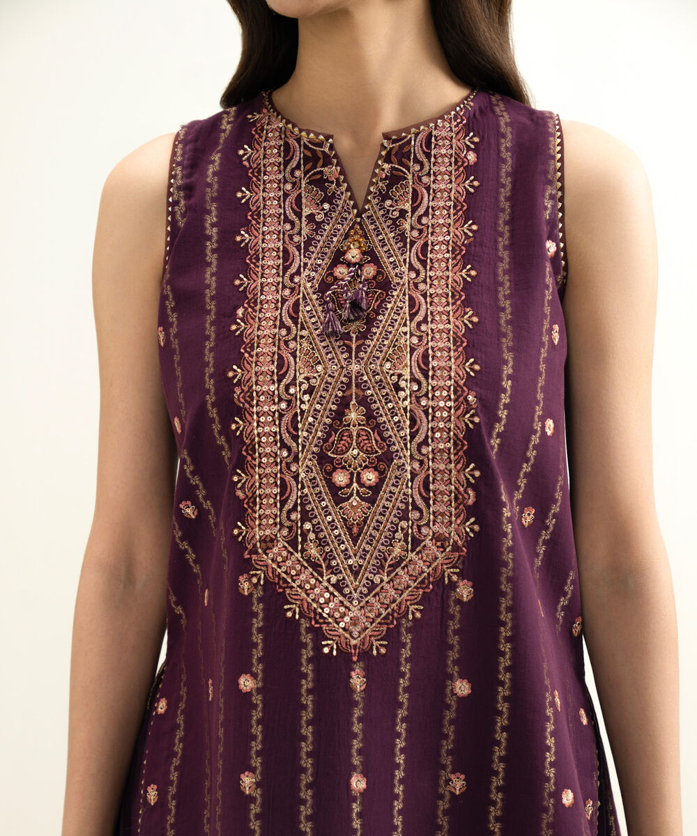 Women's Unstitched Extra Weft Jacquard Embroidered Purple 3 Piece Suit