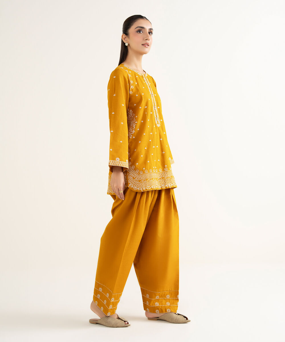 Women's RTW Khaddar Embroidered Mustard Straight Shirt